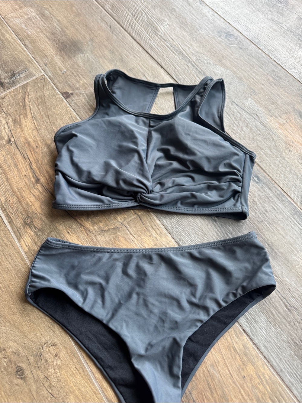 SHEIN dark grey High-Neck Twist Front Bikini Set